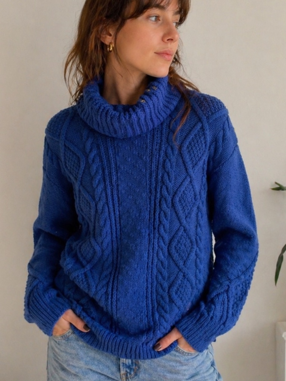 Cobalt Blue Cable Knit Turtleneck Sweater Cozy Chunky Classic Small